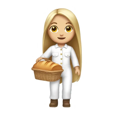 cute white doll, with jumpsuit, white shirt in it, long straight hair, holding a bread basket sticker