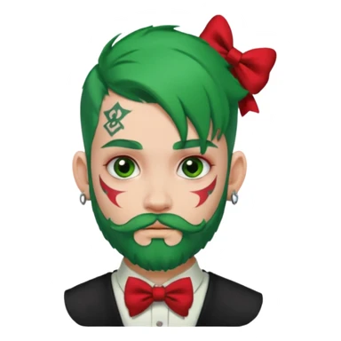 boy with bangs and green hair and red hairbow on side and earrings and very heavy face tattoos and beard sticker