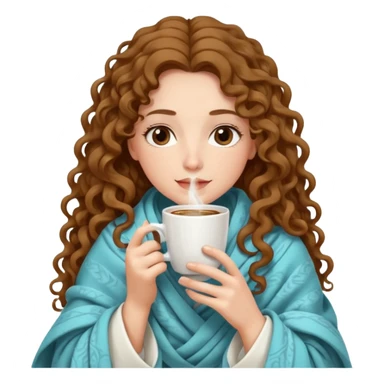 Gözleri kapalı, beyaz tenli ve uzun kıvırcık saçlı bir kadın avatar, battaniyeye sarılmış halde beyaz bir Türk kahvesi fincanından içeceğini huzurla yudumluyor. sticker