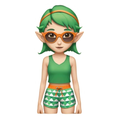 elf female legolas portrait, patterned board shorts (geometric/abstract), unique wooden-framed sunglasses, undercut hairstyle, slight smirk, visible pointy ears, no background, centered emoji, hipster summer vibe coctails sticker