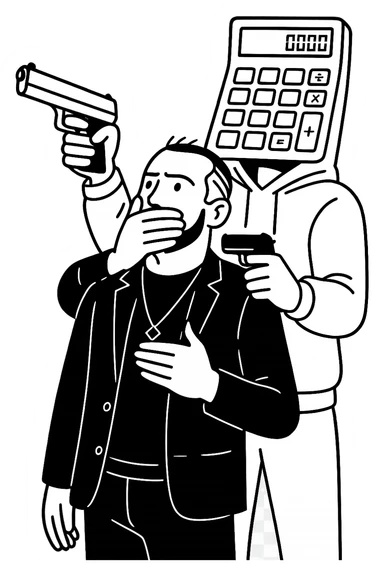 Используя такую стилистику и точно такого же героя, сгенерируй картинку. На ней позади героя стоит фуруга, у которой вместо головы калькулятор, она приставила к виску героя пистолет, а другой рукой закрывает рот героя, прозрачный фон sticker