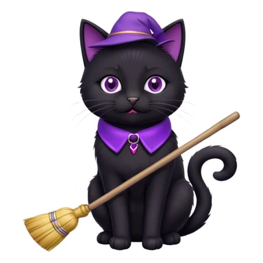 cute black cat with a broom, purple collar sticker