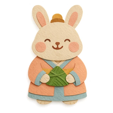 chubby bunny in hanfu holding a bamboo-wrapped zongzi with a big smile, Chinese traditional style, soft tones sticker
