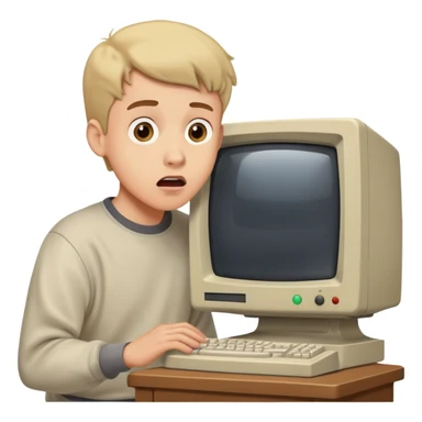 Young man with surprised expression looking at a very old, bulky desktop computer from the 1990s with CRT monitor sticker