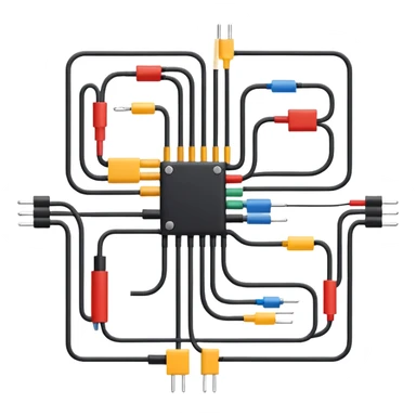 minimalistic electrical circuit schematic icon, top-down view, using basic geometric shapes like lines, dots, arrows to represent resistors, wires, connection nodes, clean and intuitive symbolic wiring diagram, instantly recognizable sticker