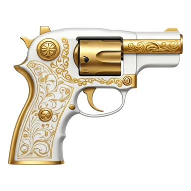 an artistic handgun, short but deadly, all white with golden decoration, unique shape sticker