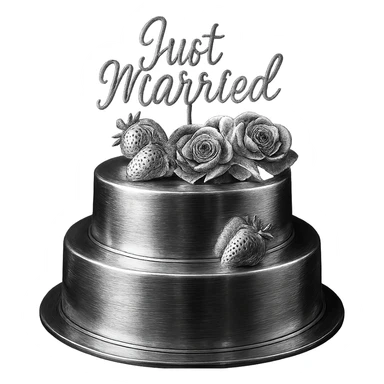 white wedding cake with strawberries, pink roses, 'Just Married' topper, chrome style sticker