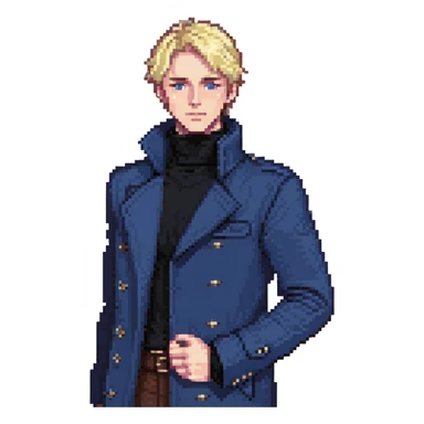 Flat pixel art, bold and charismatic male leader, Caucasian, short neat blonde hair, sharp eyes, indigo coat over black turtleneck, one arm raised pointing out, waist-up, front-facing sticker