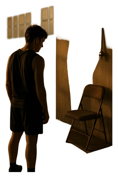 cinematic a person stands alone on a running track or in a fitness studio, glancing toward an empty coach’s chair or whistle hanging on a hook. The absence of the coach is emphasized by a faint, transparent silhouette or shadow where the coach should be. The atmosphere is quiet and a bit disheartened. sticker