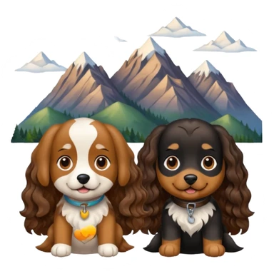 two dogs with wavy hair, one black and brown, one shades of brown with mountains sticker