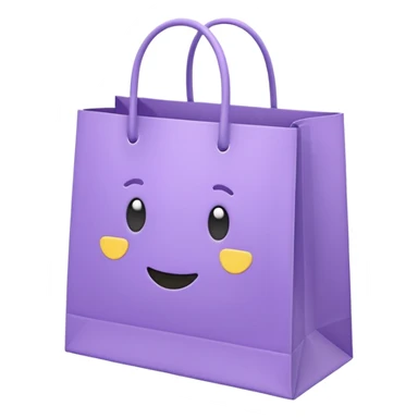A cute emoji-style illustration of a purple paper shopping bag, pastel purple color, rounded shape, simple clean lines, kawaii style, soft shading, minimal details, centered composition, transparent background sticker