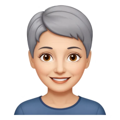 woman 60 years old, shaved short uncombed dark grey hair, brown eyes smile sticker