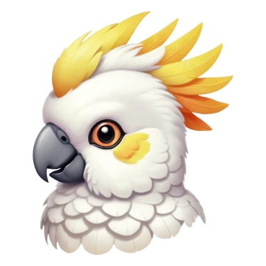 Cinematic Cute Cockatoo Portrait Emoji, Head tilted playfully and inquisitively, featuring a charming, fluffy form with a vividly colored crest, round, sparkling eyes full of playful wonder, and a soft, curved beak, Simplified yet irresistibly adorable features, highly detailed, glowing with a warm, inviting tropical glow, high shine, affectionate and lively, stylized with a touch of whimsical avian charm, soft glowing outline, capturing the essence of a mischievous yet loving cockatoo that seems as if it could flutter out of the screen into your arms! sticker