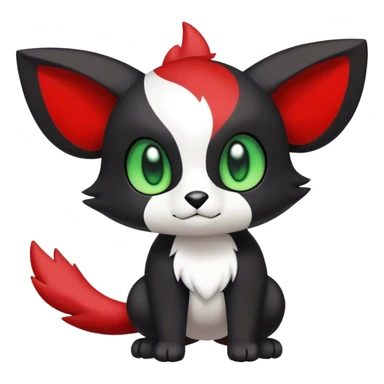 Cute cool black red animal hybrid Fakemon full body, green eyes, white belly, white muzzle sticker