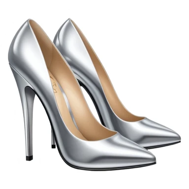 A pair of high heel shoes emoji made of polished silver chrome, elegant sharp silhouette, smooth metallic surface, glossy reflections, luxury sexy vibe, minimalistic iOS emoji style, centered, clean white background sticker