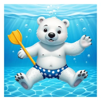 friendly anthropomorphised polar bear swimming in a wide pool scene, wearing polka dot swim trunks and snorkel gear sticker