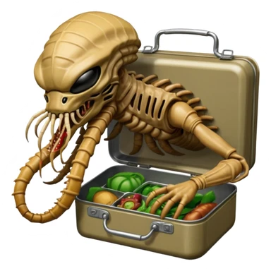 The original Predator with mask and mouth piece eating an Alien facehugger from a lunchbox, the setting should be dark and real. sticker