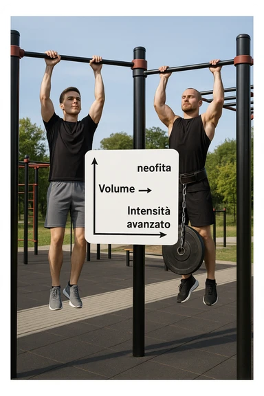 Due atleti fianco a fianco in un parco attrezzato: a sinistra il neofita che fa 10 trazioni leggere con concentrazione, a destra l’atleta avanzato con cintura zavorrata che fa 3 ripetizioni lente e pesanti. Tra loro, grafico sospeso in aria che mostra: 'Volume → neofita | Intensità → avanzato'. Stile realistico con elementi educativi visivi in italiano sticker