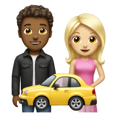 white boy with dark hair buying blonde girl pink car sticker