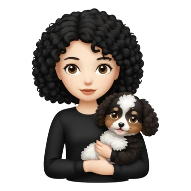 Moça branca com cabelo cacheado preto. Roupa preta e Com um cachorro no colo sticker