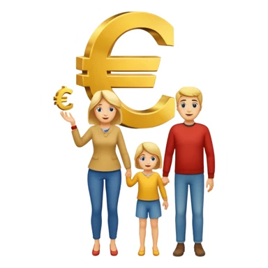 family of three (mom, dad, one child) with euro symbol floating above them sticker