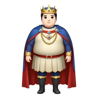 Full body of tall, chubby Francisco I with black hair, royal king standing in royal attire with crown and cape, elongated figure sticker