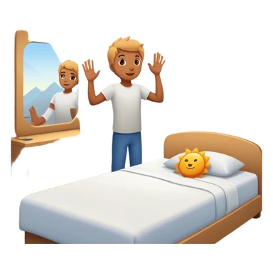 A person stands beside their bed, rolling out groggily with determination. The bed behind them is neatly made, a mirror in front of them shows them high-fiving their reflection. A glowing sunrise outside signals the start of a productive day. sticker