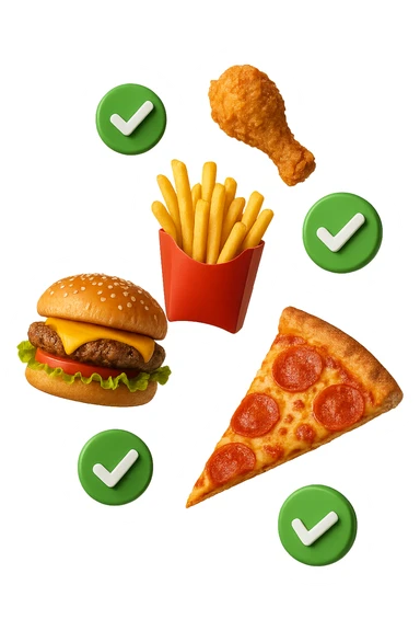 fast food realistico fluttua in aria insieme a spunte di verificato in 3d sticker