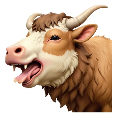 Cinematic Cute Yawning Domestic Ox Portrait Emoji, Head tilted slightly with a dramatic, wide-open yawn, showcasing a soft, textured hide with drooping horns and half-closed, drowsy eyes, Simplified yet irresistibly adorable features, highly detailed, glowing with a soft, cozy natural glow, high shine, relaxed yet expressive, stylized with a dash of pastoral whimsy, soft glowing outline, capturing the essence of a sleepy yet affectionate ox that seems ready to stretch out for a nap! sticker