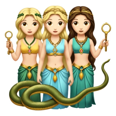 Three goddesses. one with a snake facing right,  one with a key facing left, one in the center with a key sticker