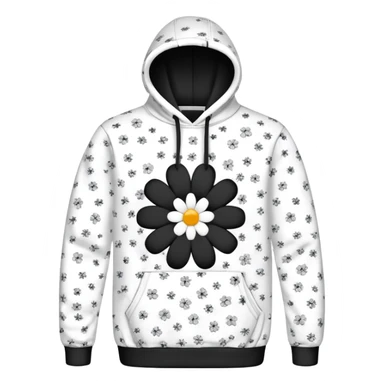 The BLACK Denim Tears Hoodie features a black base with distinctive black and white flowers. Each flower has a white outer ring with an empty space in the middle, creating a hollow, open design. These patterns are scattered across the hoodie for a bold and unique look. sticker