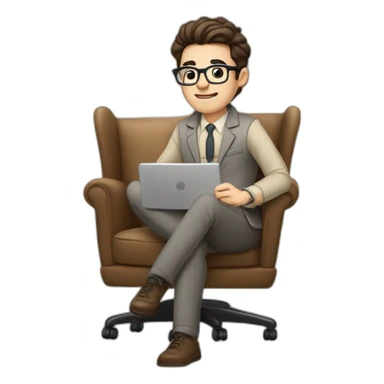 Pale skinned Fit Man With dark brown hair in gray jacket, beige office shirt, Brown pants and vintage glasses sitting In a soft chair with a notebook on spring with emblem Ψ and a pen sticker