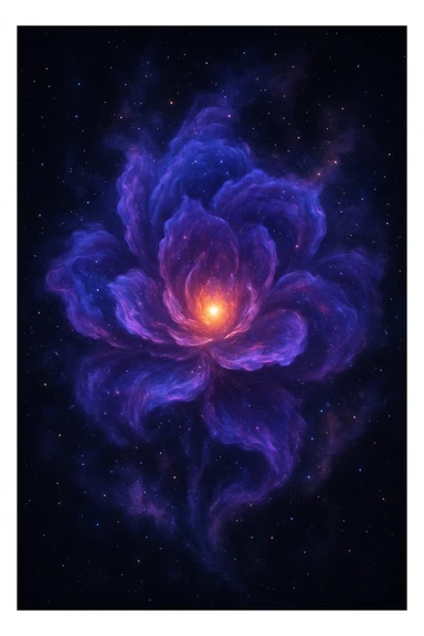 A stylized flower made of swirling purple, blue, and pink nebula clouds, with a glowing center and cosmic dust. sticker