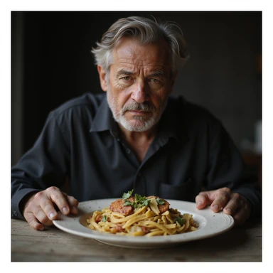 uomo di circa 20 anni, triste, che mangia un piatto di pasta, espressione triste, iperrealismo 4K, variazione 10 sticker