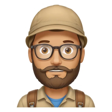 Adventurer with glasses, a beard and tan colored cap sticker