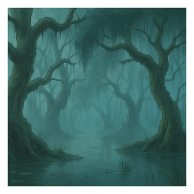 mysterious foggy swamp with twisted trees, ghibli-inspired style sticker