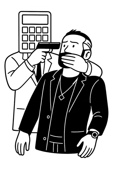 Используя такую стилистику и точно такого же героя, сгенерируй картинку. На ней позади героя стоит фигура, у которой вместо головы калькулятор, она приставила к виску героя пистолет, а другой рукой закрывает рот героя, прозрачный фон sticker