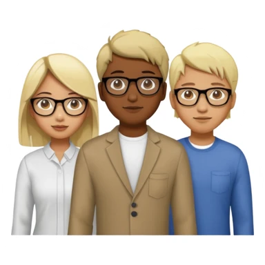 four people. Asian girl, black guy with glasses and dyed blonde hair, indian guy with glasses, asian guy sticker