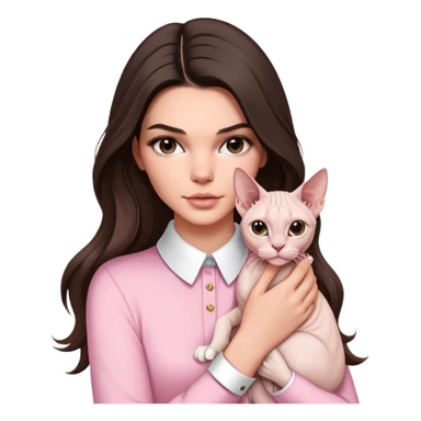 brunette Kendall Jenner with long hair holding on the hands white Sphynx Cat wear on pink collar sticker