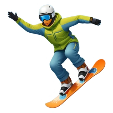 An icon showing a snowboarder performing an exciting jump on a snow-covered slope. The background features towering mountains, snow-covered trees, and a bright, clear sky. Transparent background highlights the speed, agility, and thrill of snowboarding. sticker