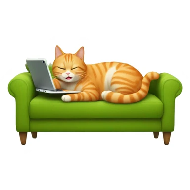 A happy orange cat lies on its back on a green sofa, holding a tablet. sticker