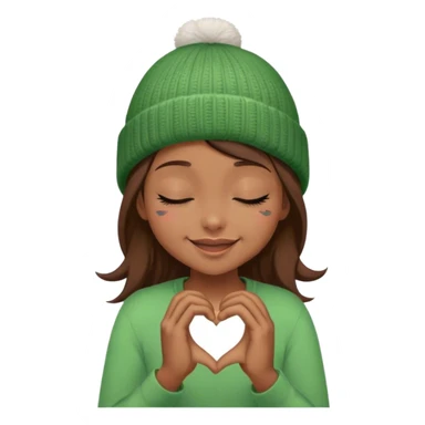 brown hair girl closed eyes stylish in a green beanie hat smiling making heart from her hands  sticker