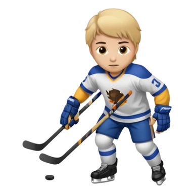 A boy with dirty blonde hair and brown eyes playing hockey sticker