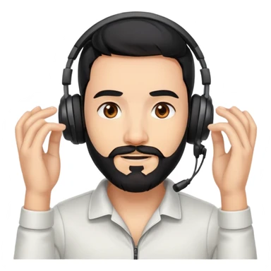 A person with black hair, brown eyes, and a black beard wearing a gaming headset with a thankful expression sticker