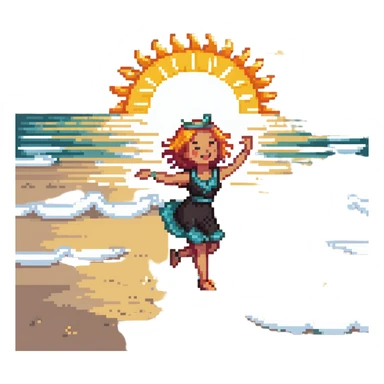 Cheerful beach character dancing on sand with ocean waves and sun, highlighted sticker