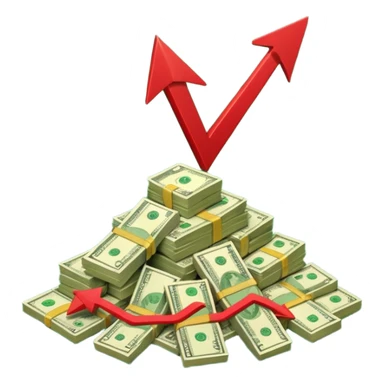 a pile of money infront of strategy paper with one red arrow up sticker