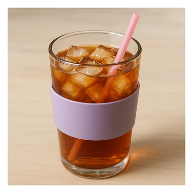 realistic sweet tea cup, lavender sleeve, pink straw, ice cubes, glass reflections sticker