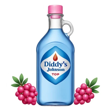 bottle of oil blue top pink outside with logo that says Diddys Oil Johnson and Johnson bottle with a berry on top sticker