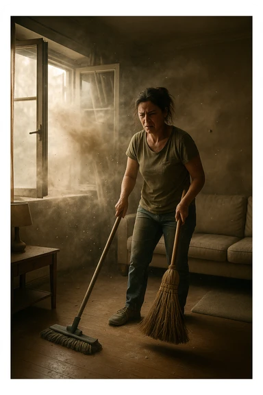 A realistic, cinematic image of a person cleaning a living room with a mop and broom, windows wide open letting in a strong gust of wind. Through the open windows, thick clouds of dust, pollen, and small debris visibly swirl into the room, floating in sunbeams that highlight the particles in the air. The person looks frustrated and tired, mid-action sweeping but clearly battling the incoming dust. Around the room, some furniture and surfaces already show a thin layer of dust settling. The scene is bathed in natural daylight with a slightly hazy atmosphere due to the airborne dust. The color palette uses warm, muted tones emphasizing the contrast between cleanliness efforts and the stubborn dirt and dust invading the space. The focus is on the tension between trying to clean and the unavoidable mess coming in from outside. sticker