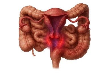 utero umano anatomico iperrealistico e intestino umano anatomico iperrealistico hanno in comune il dolore e l'infiammazione, rendi bene il collegamento tra i due organi doloranti, falla iperrealistica, non disegnata, fai colori che si adattano a questo viola #971ef1 sticker